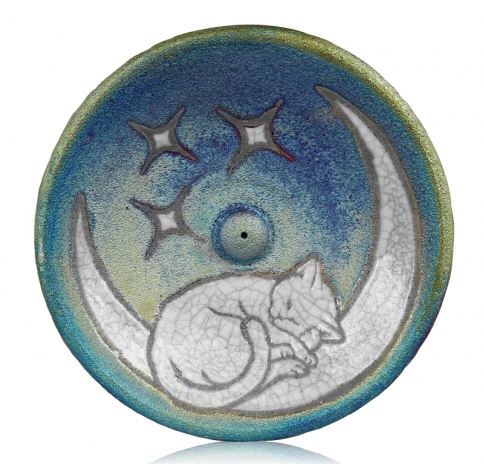 Raku Japanese Incense Burner - Cat/Moon