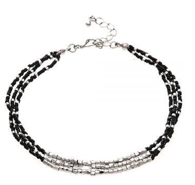 Silver Black Beaded Three Row Anklet