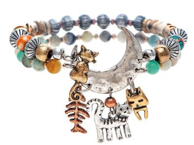 Multicolor Stone Bead Cat Charms Bracelet