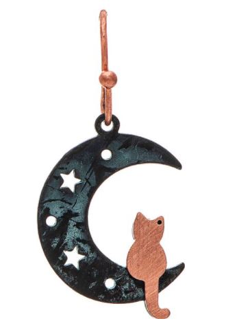 Patina Copper Cat on the Moon Earrings