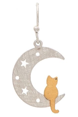 Two Tone Brass Cat in the Moon Earrings