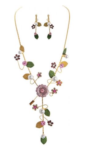 Gold Matte Flowers Y Necklace Set - Click Image to Close