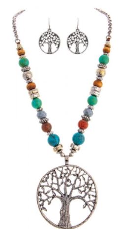 Silver Multi Bead Tree Pendant Necklace Set