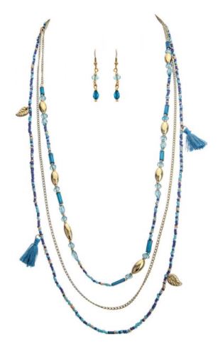 Gold Blue Mix Tassel Necklace Set - Click Image to Close