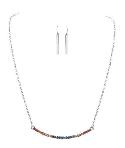 Silver Rainbow Crystal Bar Necklace Set
