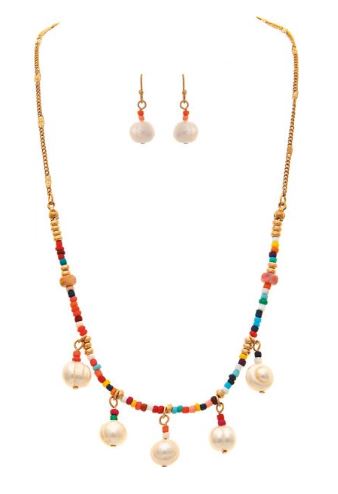 Gold Freshwater Pearl Drops with Multicolor Beads Necklace Set