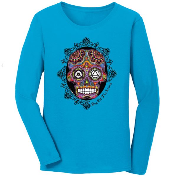 Sugar Skull - Turquoise Long Sleeve - Click Image to Close