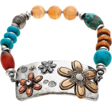 Silver & Multi Color Bead Flower Bracelet