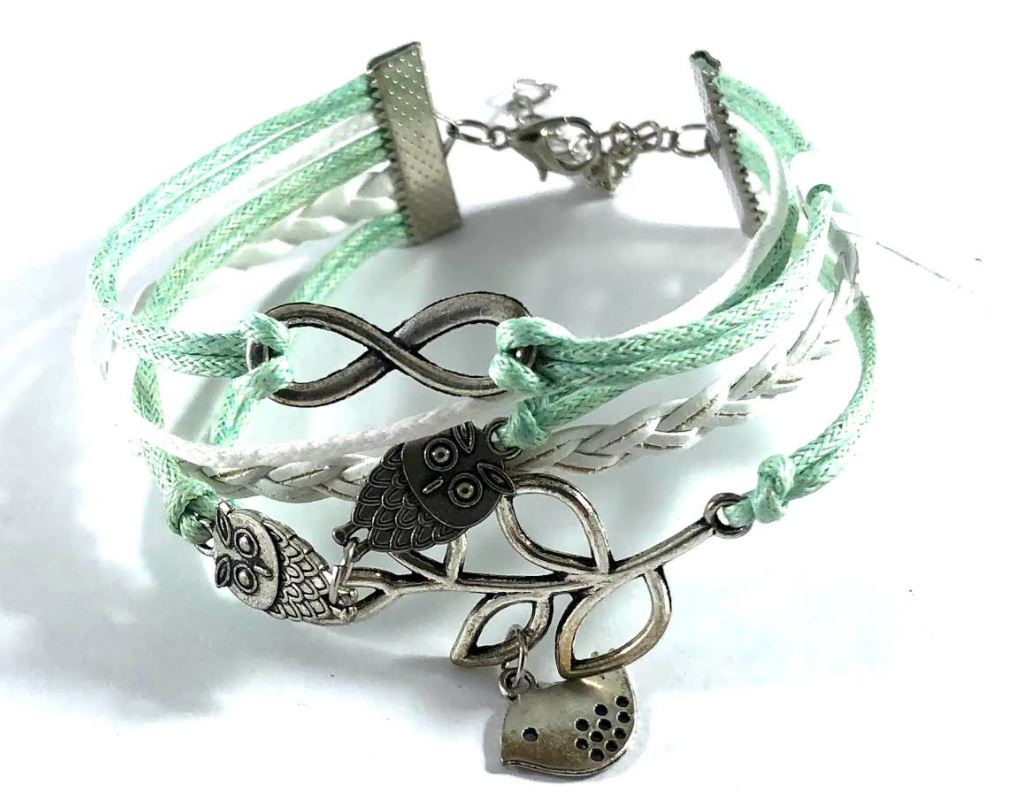 Green and White Owl Multi-Strand Infinity Charm Bracelet