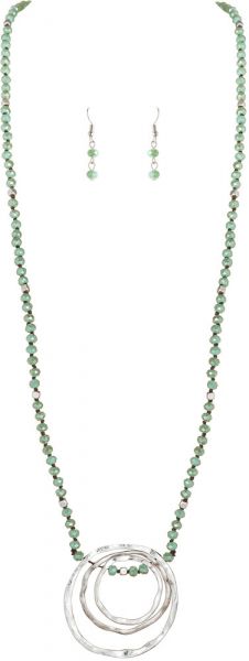 Silver Green Crystal Ring Necklace Set