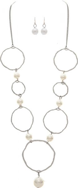 Silver Circles White Faux Pearls Necklace Set