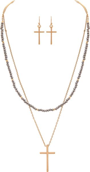 Gold Grey Bead Layered Cross Necklace Set