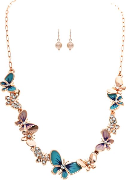 Rose Gold Crystal and Blue Butterfly Necklace Set