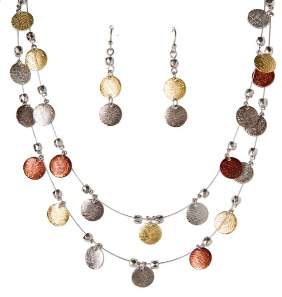 Multi Metal Textured Disc Necklace Set