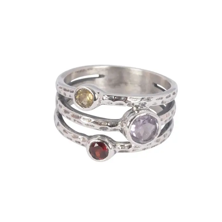 Triple Gemstone Sterling Silver Ring